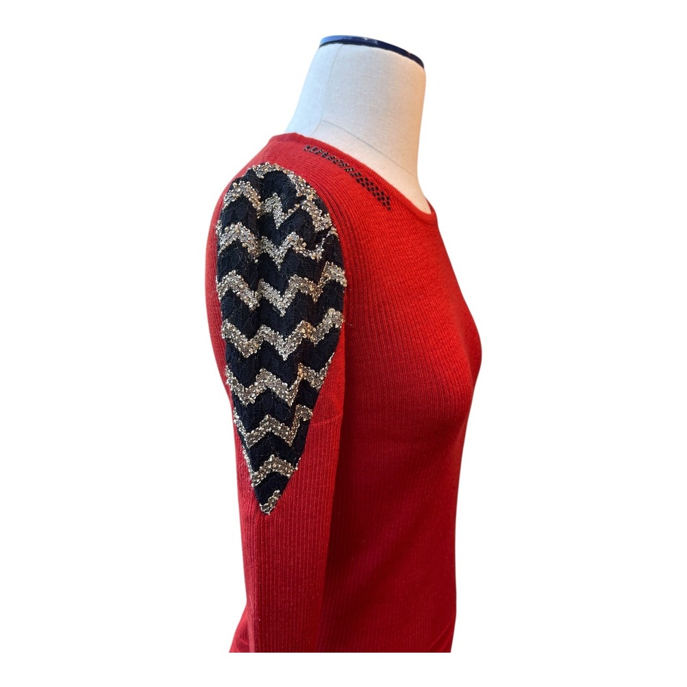 Red Ribbed Long Sleeve Knit Bodycon Mini Dress w/ Embellished Chevron Shoulders - Picture 4 of 6